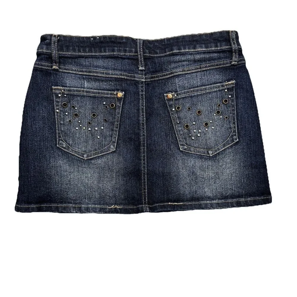 Southpole Mini Skirt Juniors 9 Embellished Dark Blue Denim Stretch Measures W30